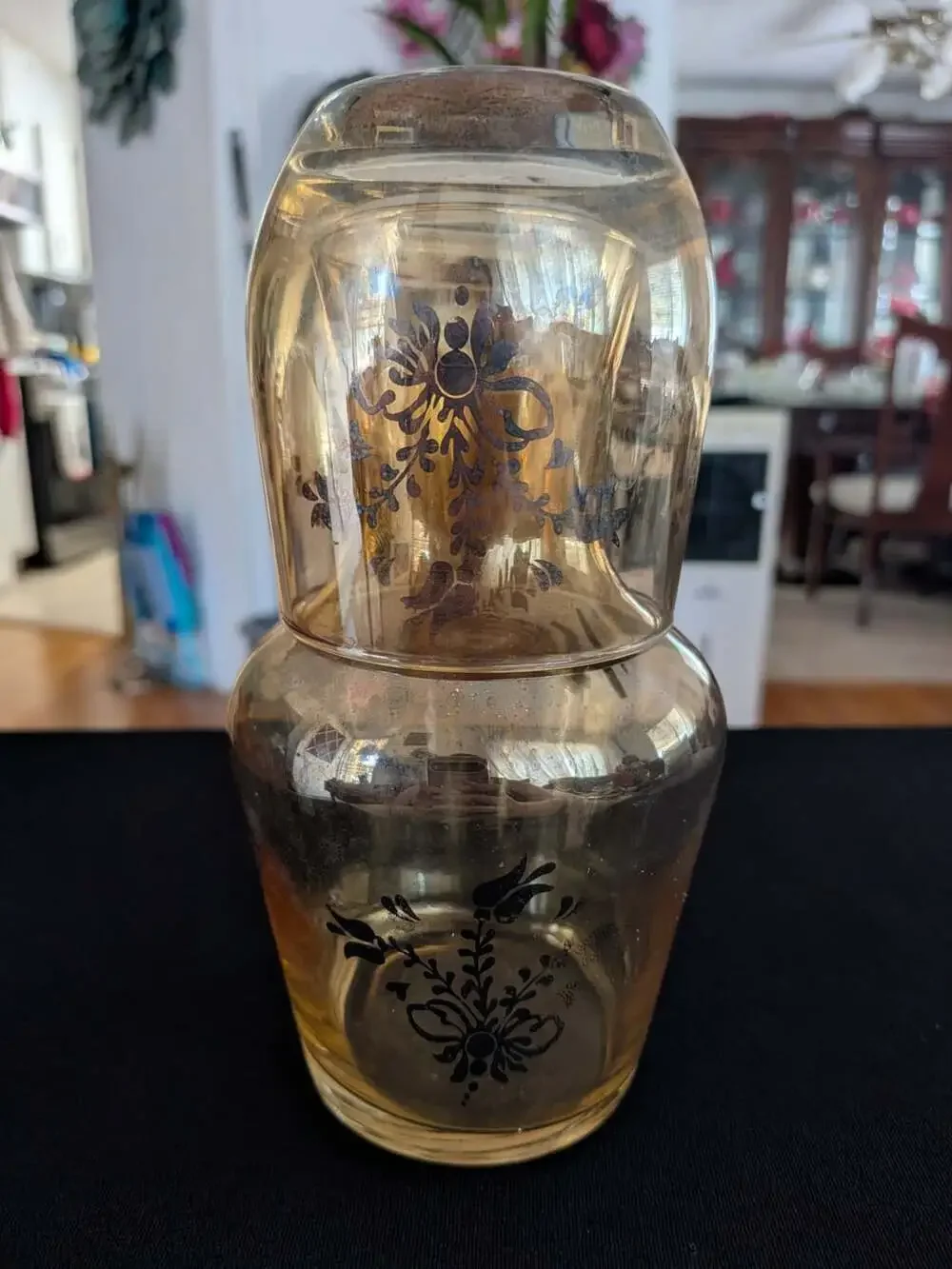 Vintage Amber Glass Water Carafe and Tumbler Set with Black Floral Design